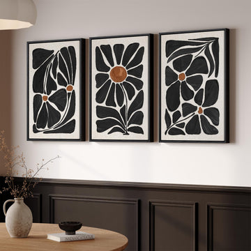 Large Framed Black and White Boho Floral Wall Art, 3 Piece