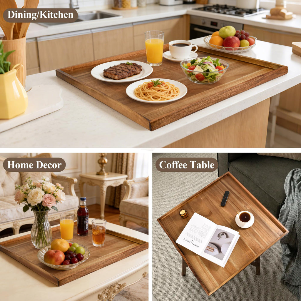 Extra Large Ottoman Tray, Oversized Acacia Wood Serving Tray for Coffee Table, Food, Snacks, Drinks, Decorative Tray