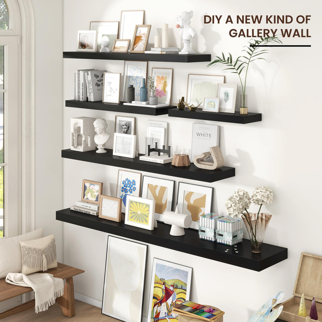 48" Wide x 9" Deep Floating Shelves for Wall, Black Finish, 2-Pack