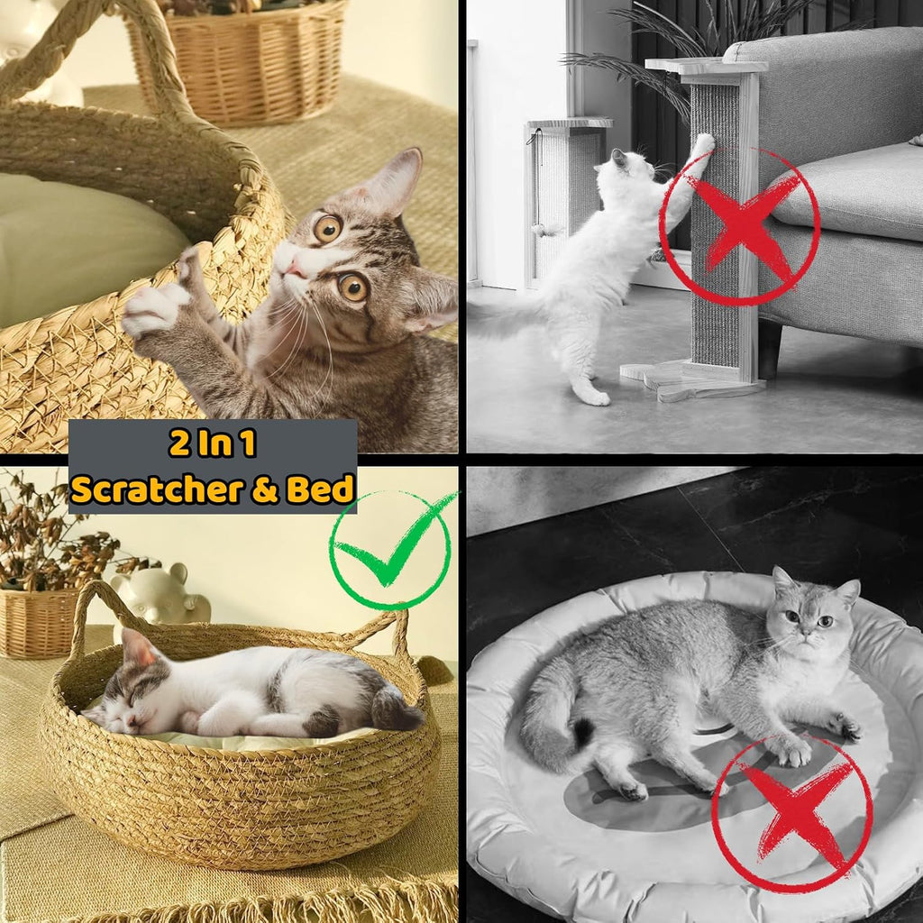 Natural Cat Bed Straw Nest Woven Pet House Braided Cattail Leaf with Soft Cushion 17 x 17 Inches