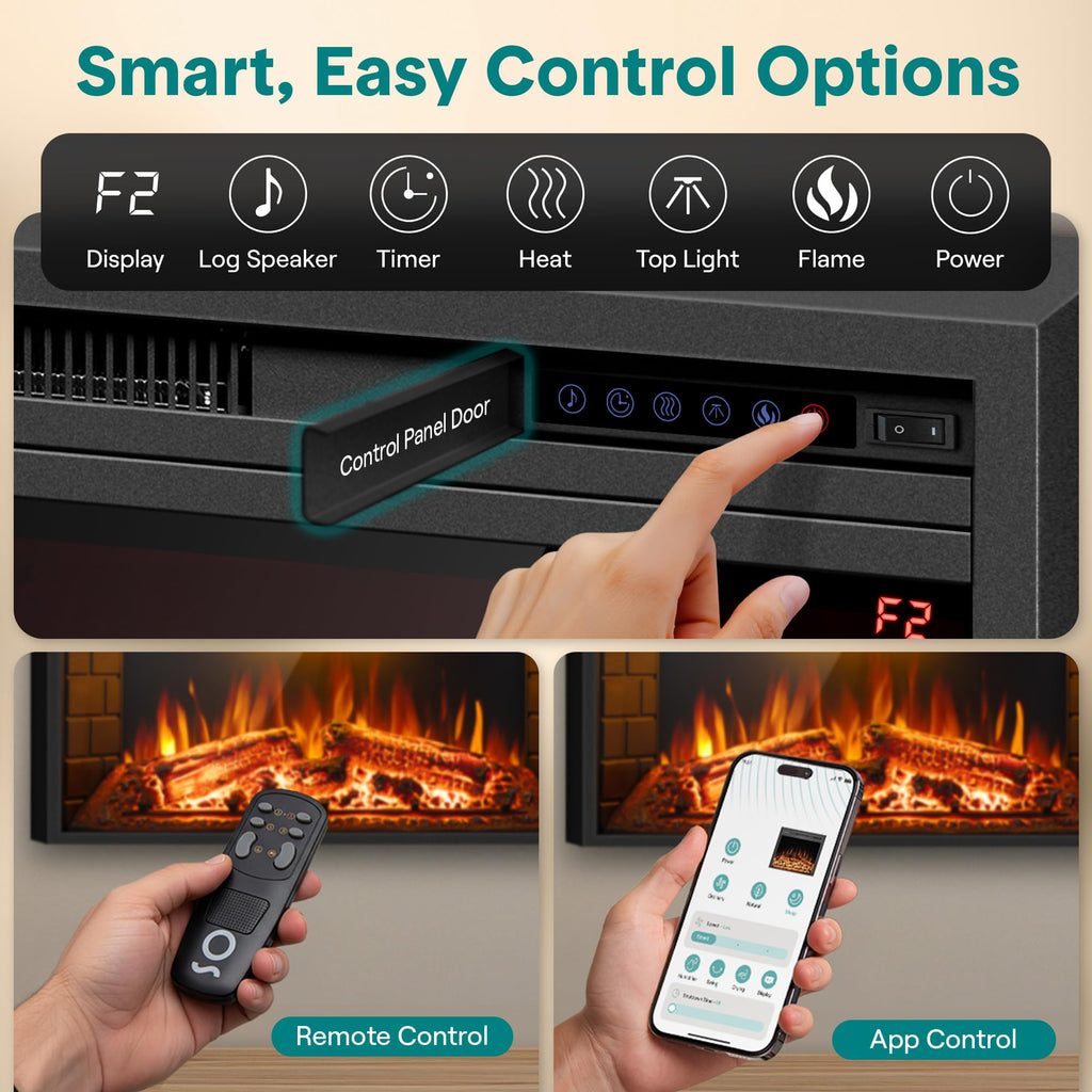 Electric Fireplace Insert with Heater | Smart Wi-Fi App Control & Remote | 700W/1500W Adjustable Thermostat with