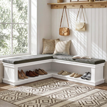 L-Shaped Storage Bench with Cushion, 55" Farmhouse Wooden Corner Entryway Shoe Bench with Open Shelves, L-Shaped