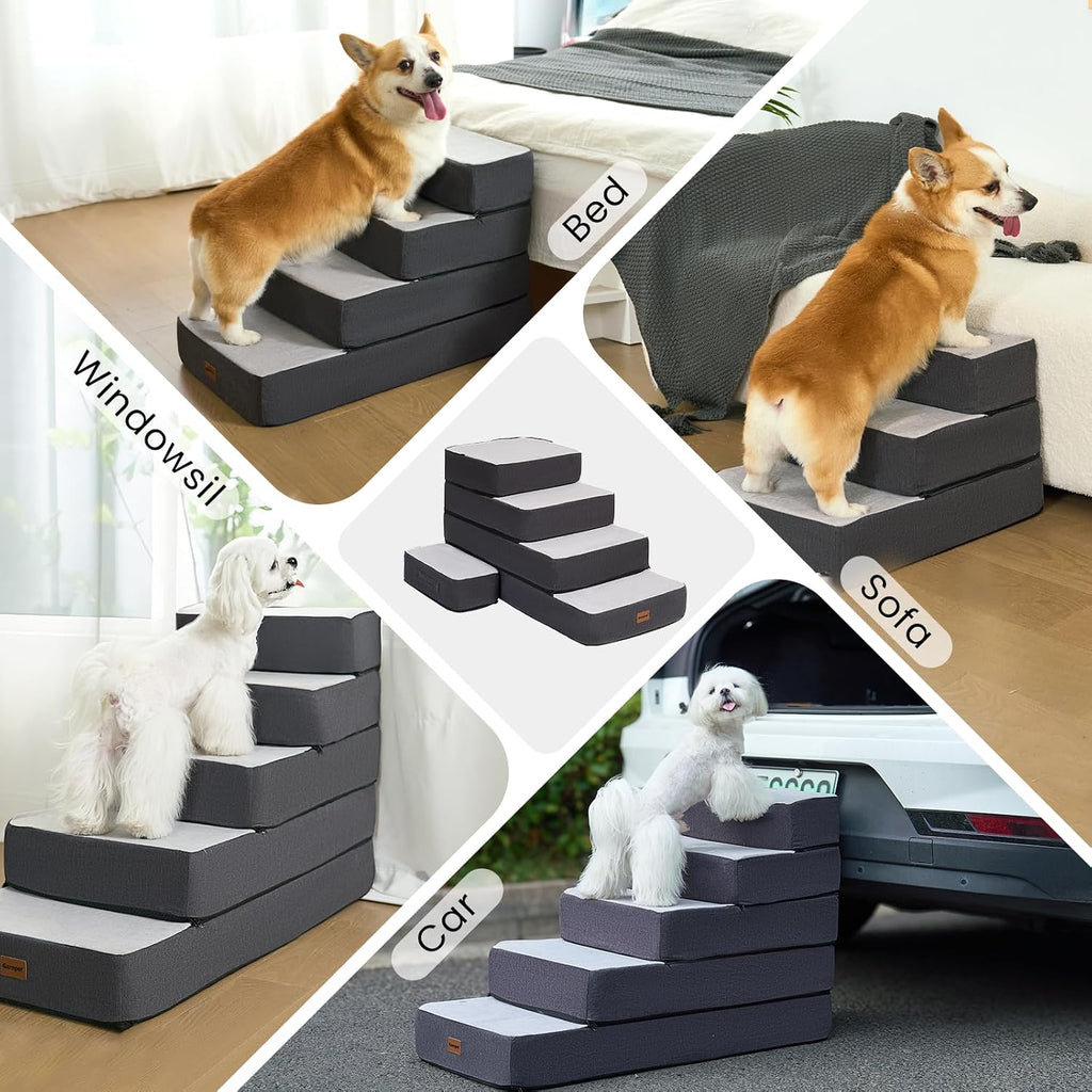 4-Step Adjustable Dog Stairs for Beds, Dog Steps for Small Dogs and Cats, Foldable Pet Stairs for Bed Climbing