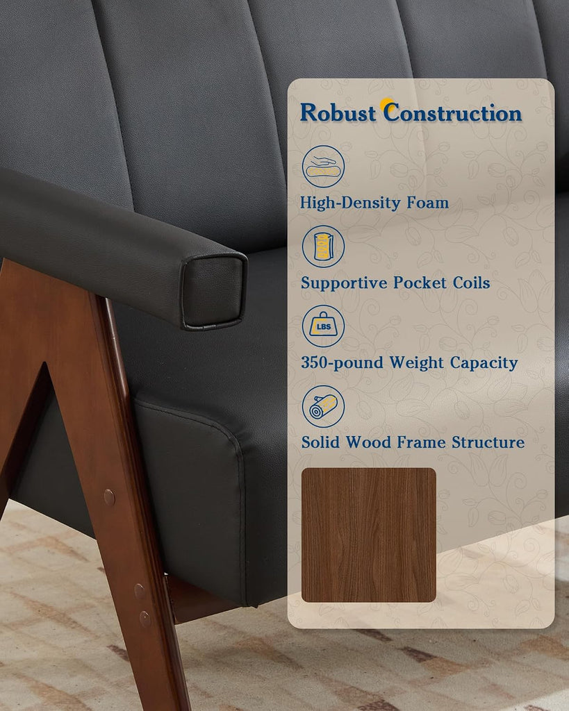 Mid Century Modern Black Faux Leather Accent Chair Set 2 Solid Wood Frame - Set of 2