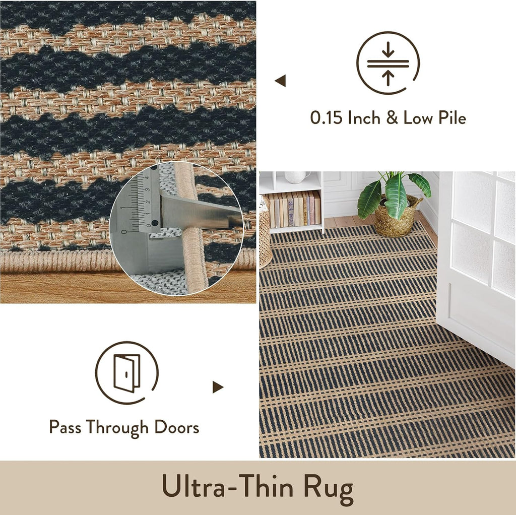 Striped Easy Jute Outdoor Rug, Black Washable Rugs Living Room, Indoor Outdoor Non Slip Area Rug, Farmhouse