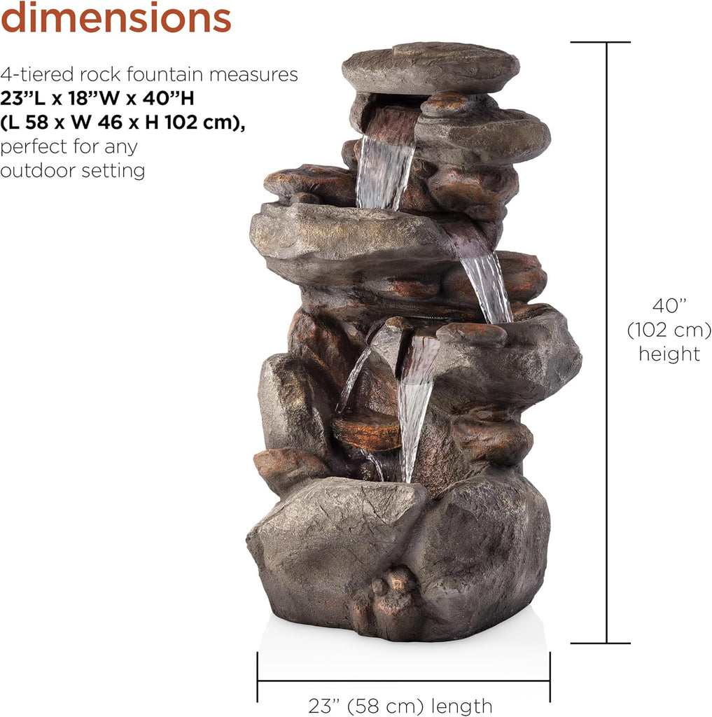 40" 4-Tier Rock Floor Fountain with Cascading Water & White LED Lights, Tranquil Outdoor Water Feature