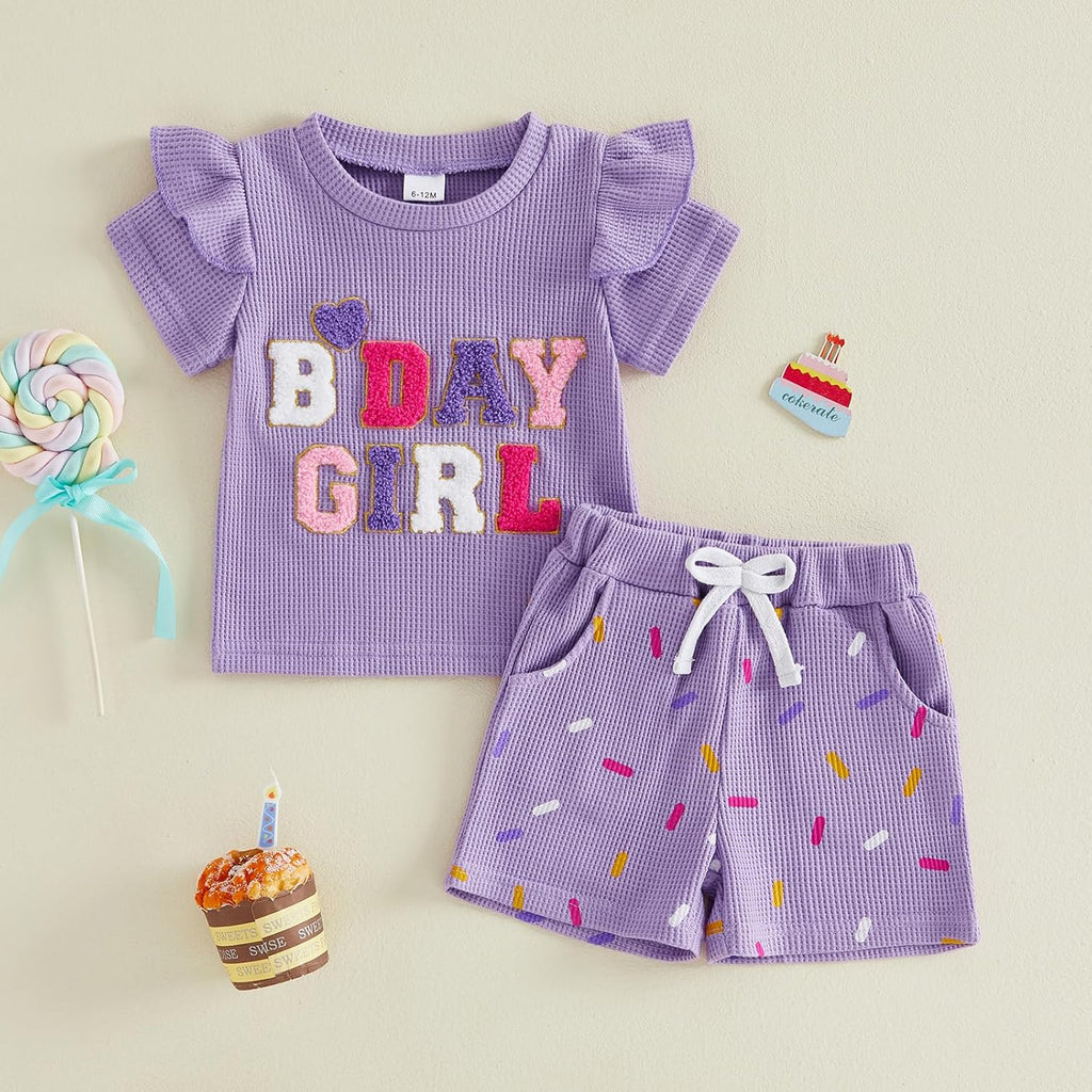 Toddler Baby Girl Birthday Outfit Donut Birthday Girl Shirt Ruffle Sleeve T-shirt Top Shorts Set Cute Summer Clothes