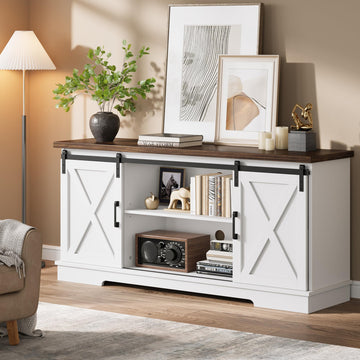 Farmhouse Tv Stand for 65 inch TVs, Entertainment Center with Sliding Barn Doors and Adjustable Shelf, Modern Storage