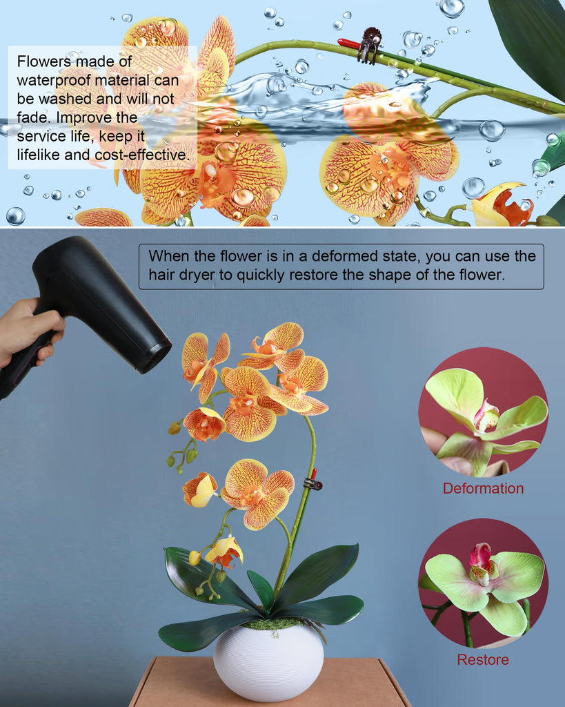 17" Orange Artificial Orchids that Look Real with Pot Fake Orchid in Vase Artificial Flowers Decor Indoor Office