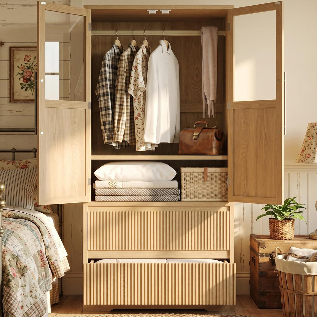 2 Fluted Drawer Armoire Wardrobe Closet with Glass Door, Farmhouse Freestanding Wooden Armoire Closet w/Hanging Rod