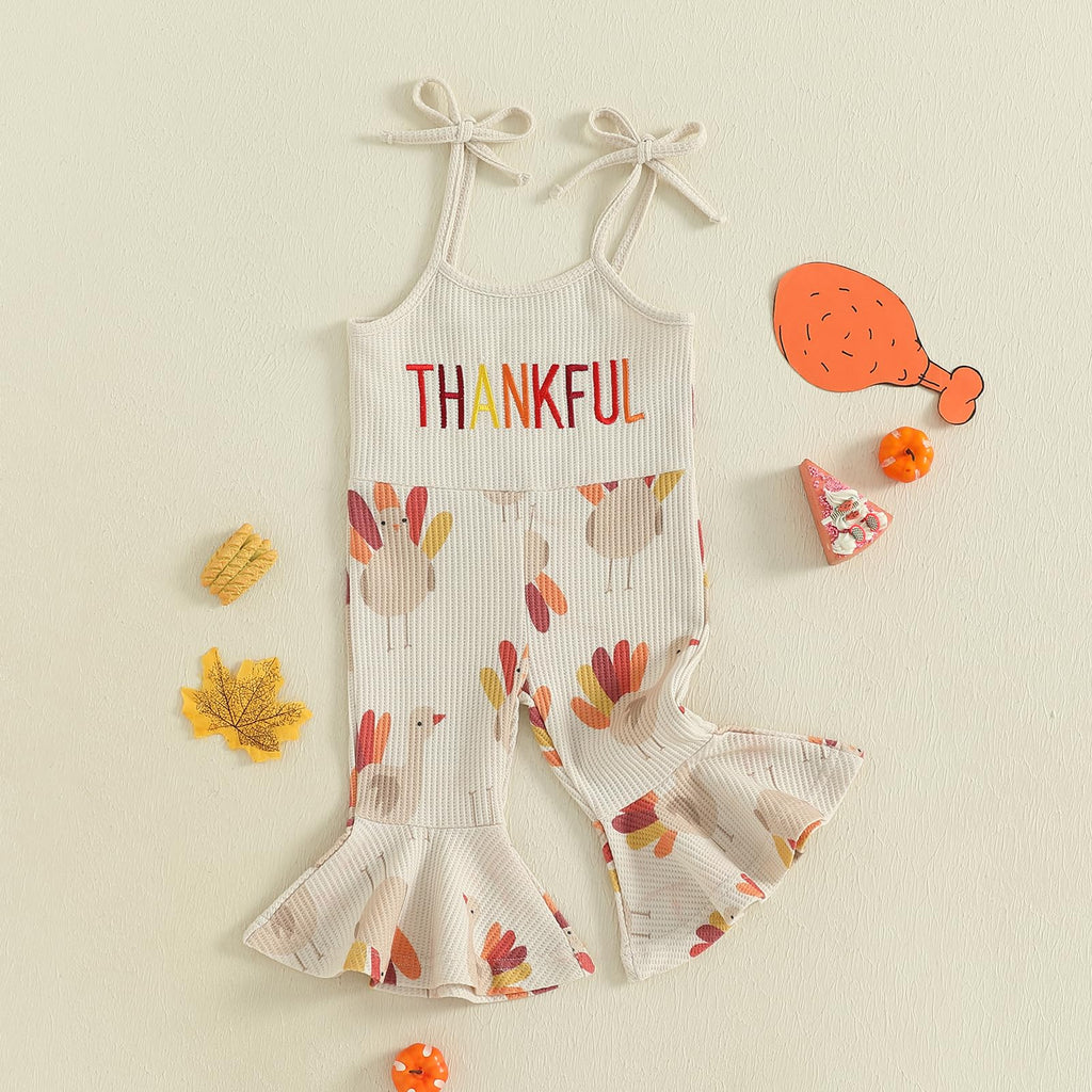 Toddler Baby Girl Thanksgiving Outfit Turkey Jumpsuit Spaghetti Strap Jolly Romper Bell Bottoms Outfits (Thankful