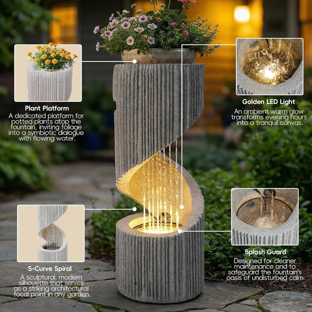 Modern S-Shaped Outdoor Fountain with LED Light, 30" Tall Spiral Column Waterfall Feature with Flat Top for Plant