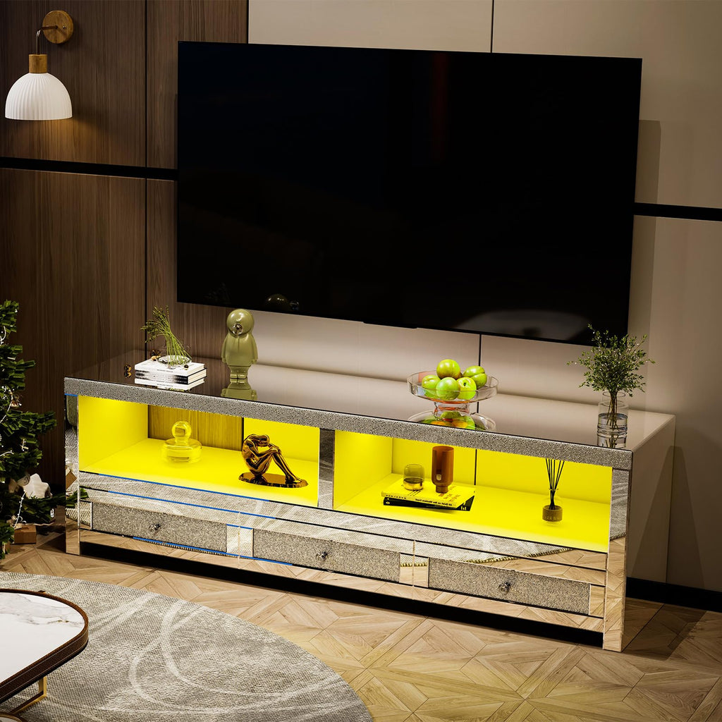 Silver Mirrored TV Stand for TVs Up to 65 Inches, LED TV Stand Modern Entertainment Center with Drawers & Open