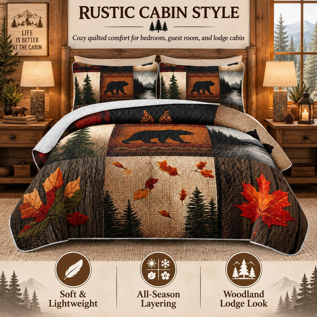 Rustic Bear Quilt Set, Western Bedspread Bedspread Coverlet with 2 Pillowcases, 3-Piece Bear Walk Cabin Plaid
