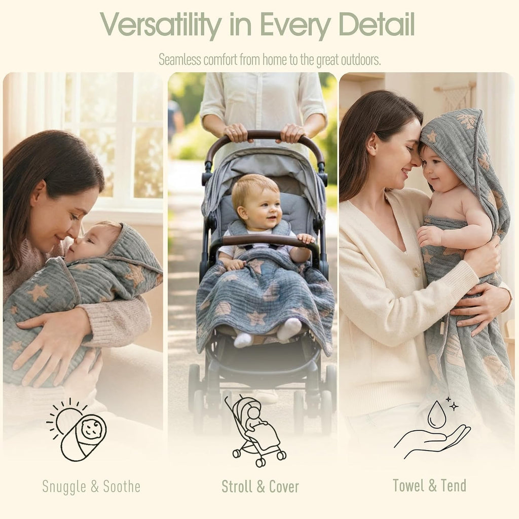 Muslin Baby Beach Bath Towel Hooded Organic Cotton Blend Deep Ocean