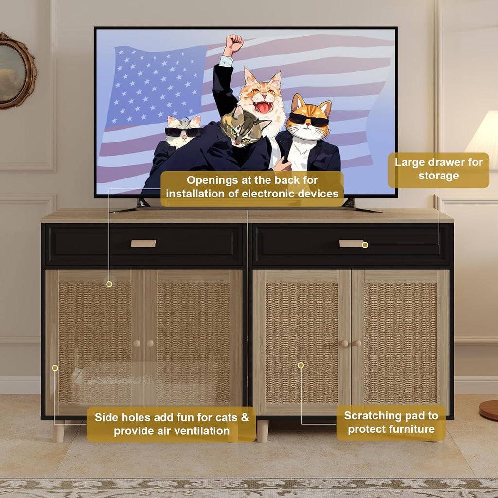 Cat Litter Box Enclosure Furniture Hidden Indoor 2-in-1 Wooden Cat House & Washroom Cabinet with Scratching Board