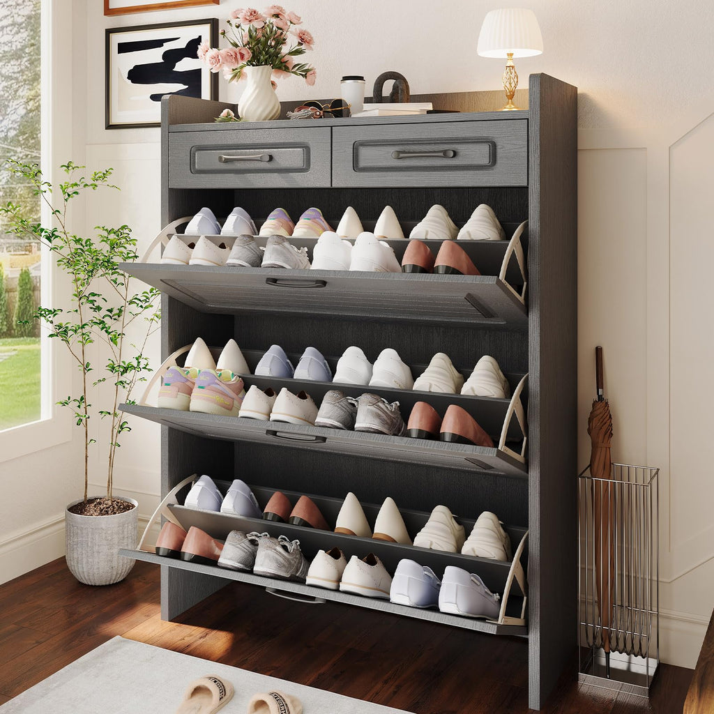 31.5" W Shoe Cabinet, Hidden Wood Shoe Cabinet with 2 Storage Drawers & 3 Flip Drawers, Narrow Freestanding Shoe