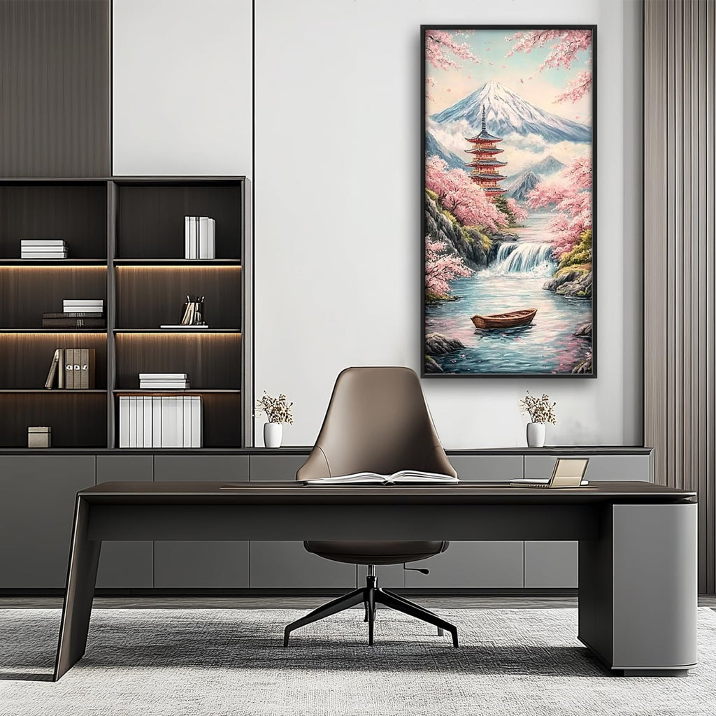 Japan Japanese Wall Art Cherry Blossoms Mount Fuji Wall Decor Waterfall boat Canvas Painting Pictures Prints Framed