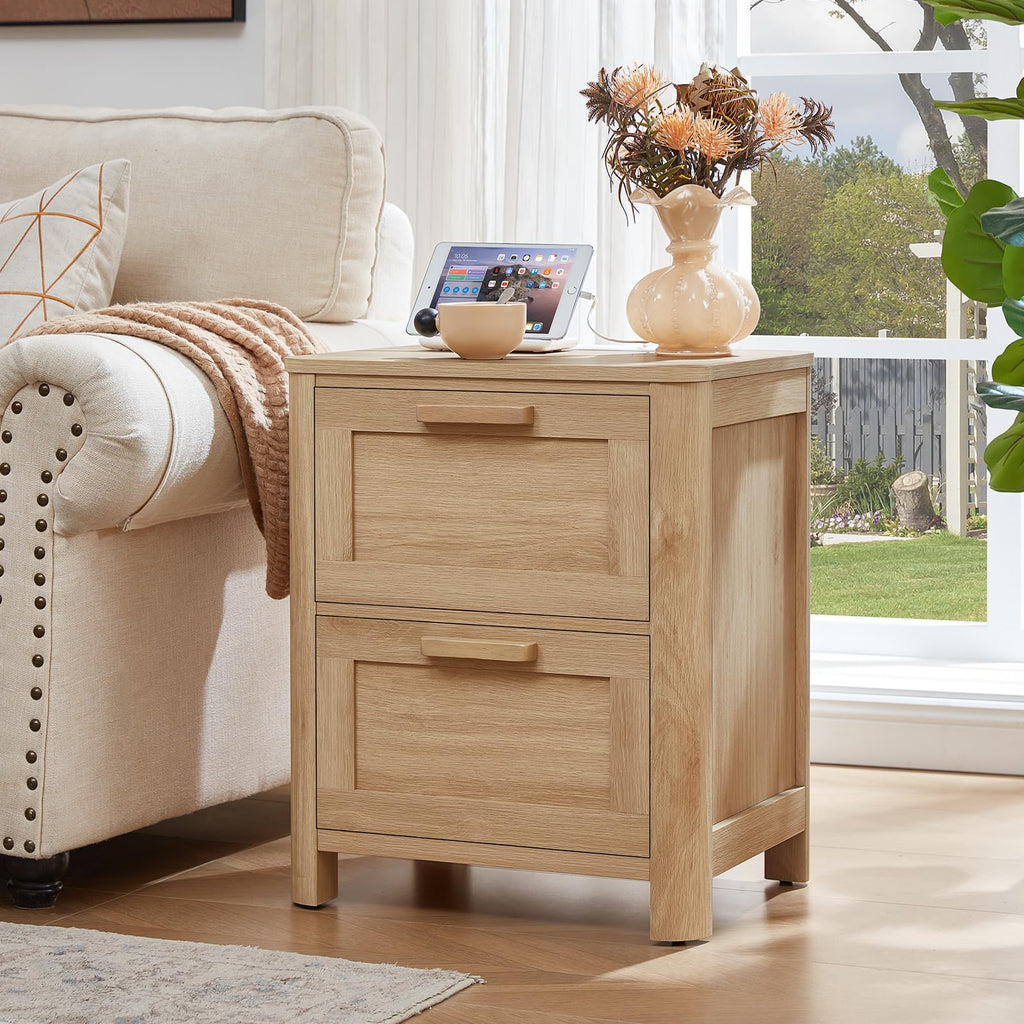 Farmhouse Night Stand Set of 2 with Charging Station, Natural Wood