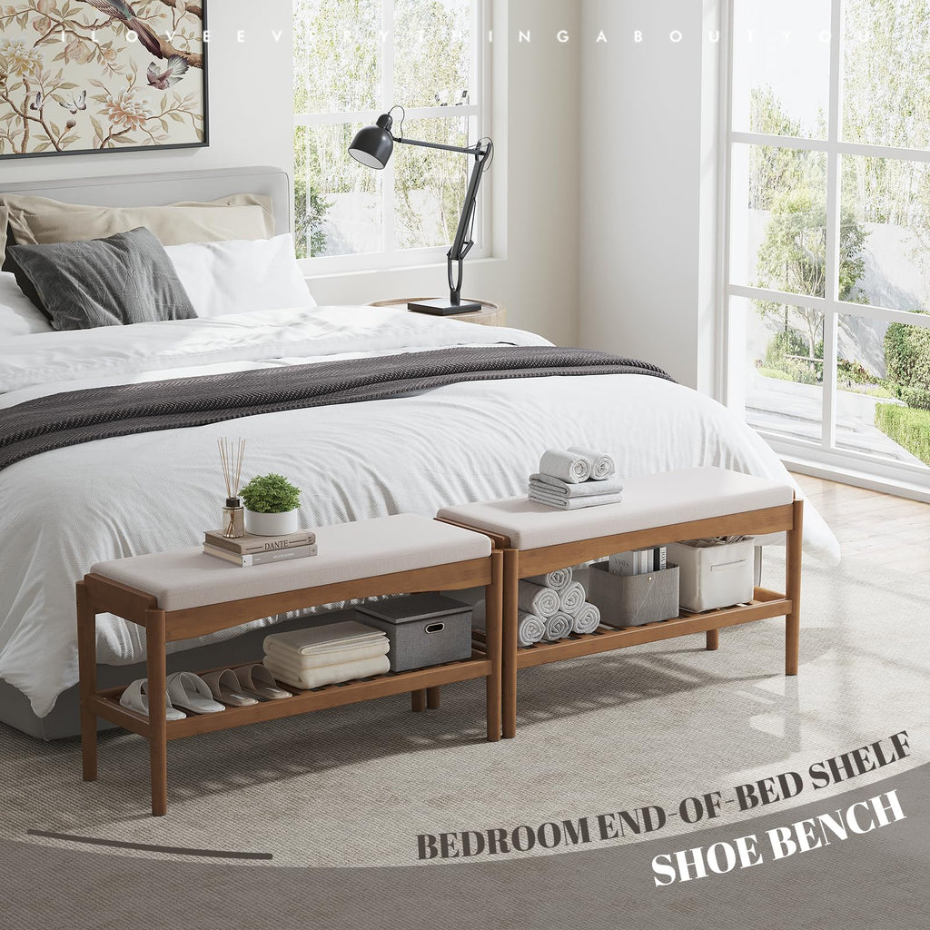 Shoe Bench Entryway Bamboo 2-Tier Shoe Rack with Cushion Padded Seat Shoe Bench Organizer Stable for Entry, Hallway
