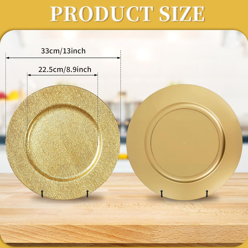 100 PCS 13 Inch Gold Charger Plates Bulk, Brushed Textured Plastic Round Chargers for Dinner Plates, Decorative