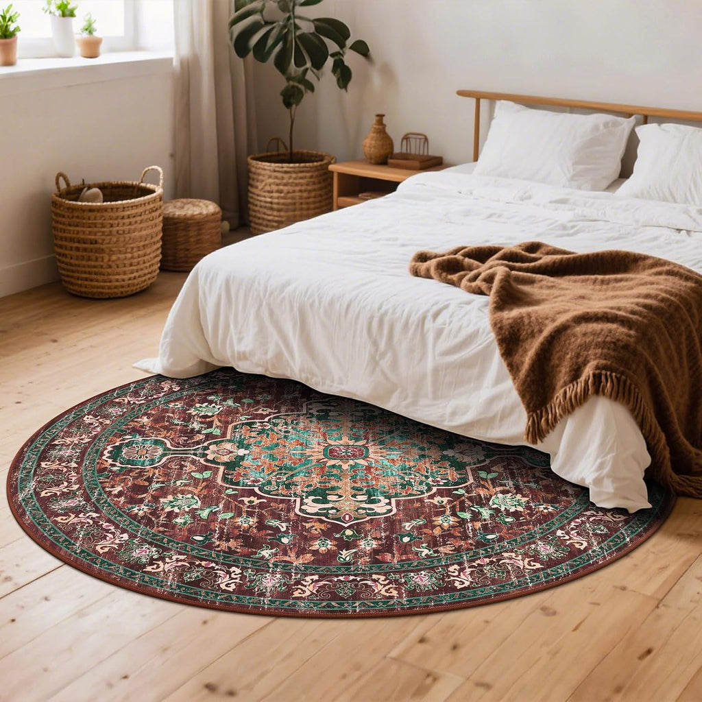 Boho Vintage Round Area Rug 8ft Machine Washable Low Pile Soft Floor Carpet Non Slip Non Shedding Ac