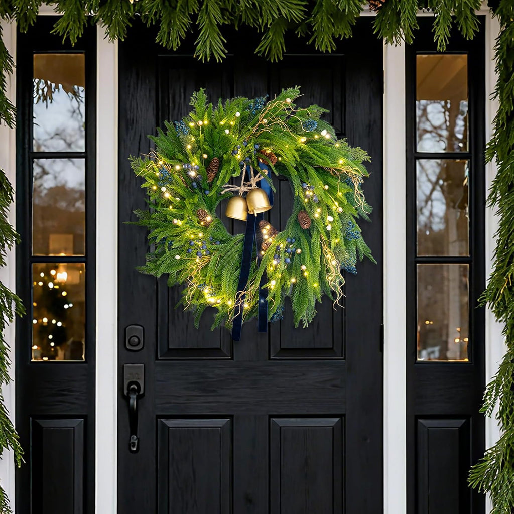 24 Inch Pre-Lit Norfolk Pine Christmas Wreath for Front Door, Artificial Plants Green Christmas Wreath with Lights