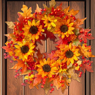 20" Sunflower Fall Wreath for Front Door Outside with Maple Leaves & Berry