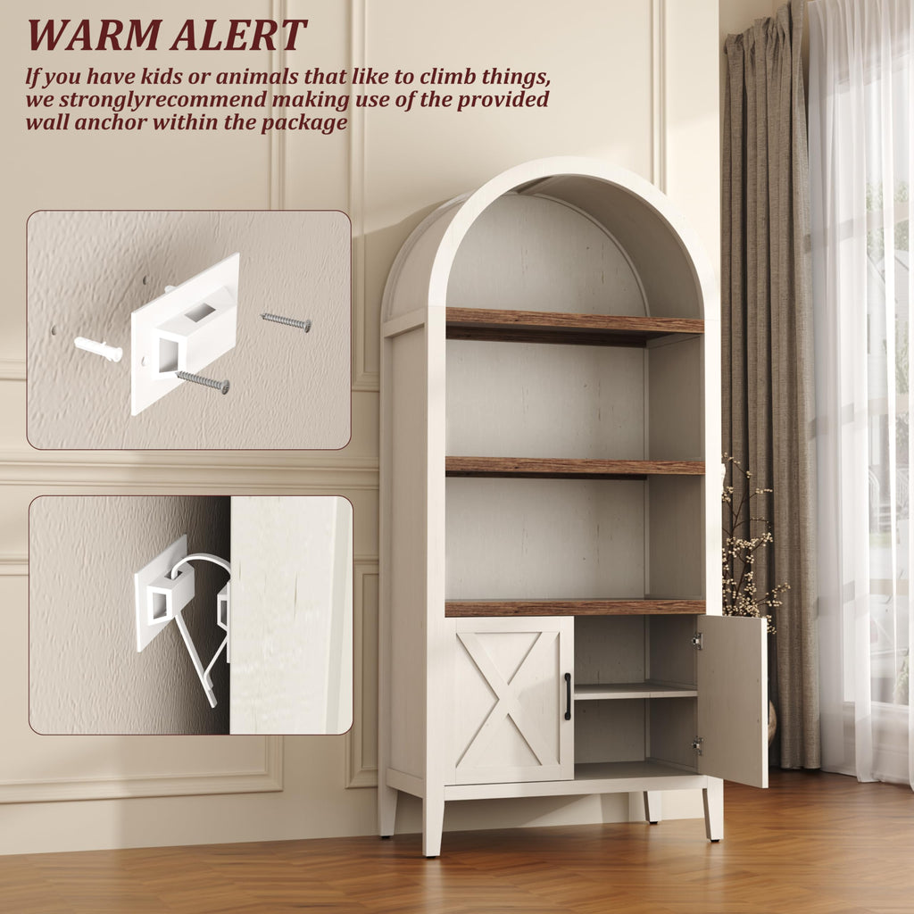 71" Tall Arched Bookcase, 5-Tier Arched Bookshelf, Arch Cabinet Display Cabinet with Doors and Shelves, Modern