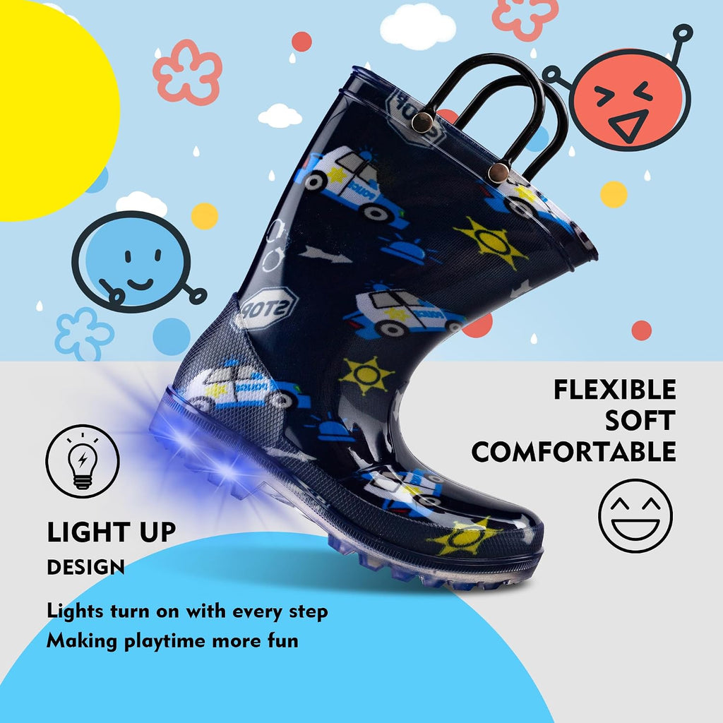 Toddler Rain Boots Kids With Glitter Light up Rain Boots With Easy-on Handles Waterproof For Boys and Girls