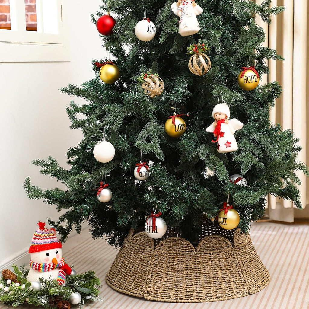 24" Woven Rattan Christmas Tree Collar Scallop Edge Farmhouse