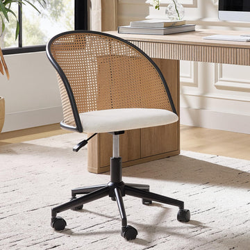 Rattan Home Office Desk Chair with Curved Backrest, Caster Wheels, Height Adjustable, Accent Task Computer Chair