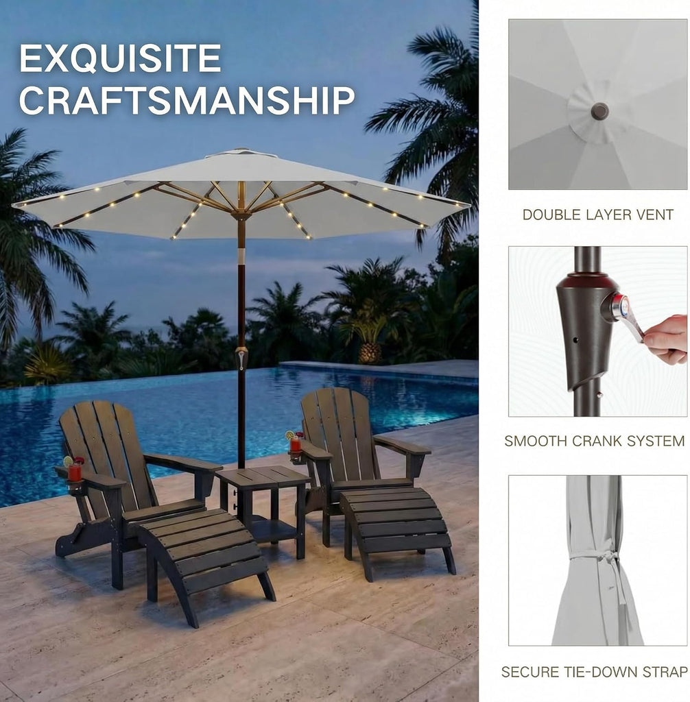 9FT Outdoor Patio Umbrella with Solar Lights, Market Table Umbrella with Push Button Tilt & Crank, 8 Sturdy Ribs