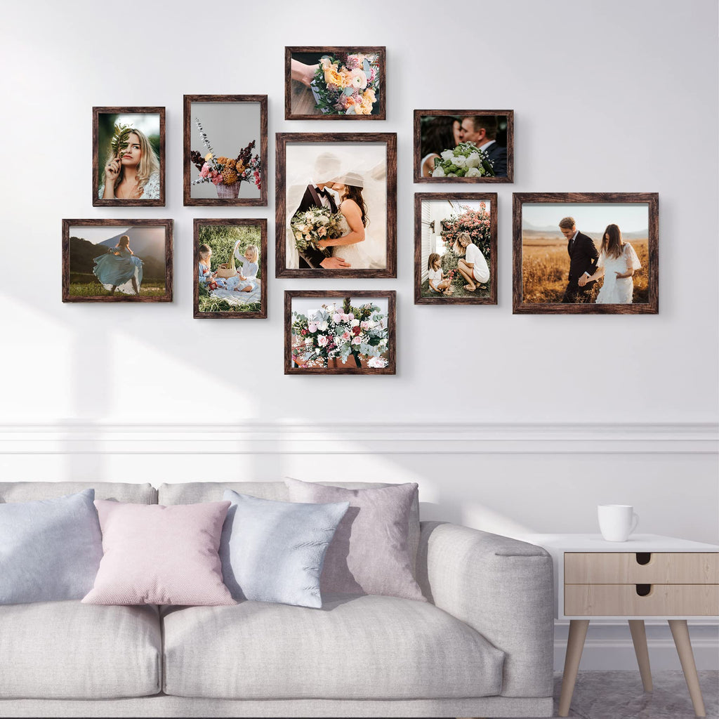 Picture Frame Set 10-Pack, Gallery Wall Frame Collage with 8x10 5x7 4x6 Frames in Brown Finishes