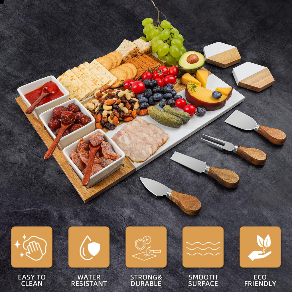 Charcuterie Board Set - Large Marble Cheese Board - Perfect Wood Charcuterie Boards Accessories Housewarming Gifts