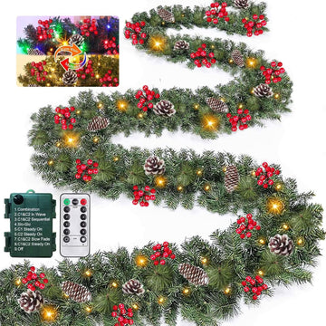 Remote Control&Extra Long&12 Modes-18 Ft Prelit Christmas Garland for Stairs Railing Mantle Front Door Porch Indoor