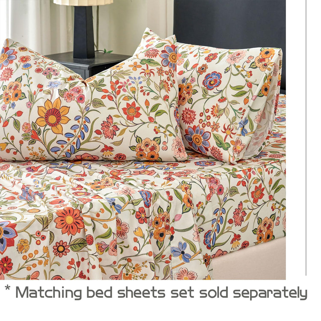 Floral Duvet Cover Set Queen Size 100% Percale Cotton Boho Comforter Cover with Zipper, Soft Breathable, 3Pcs-Not