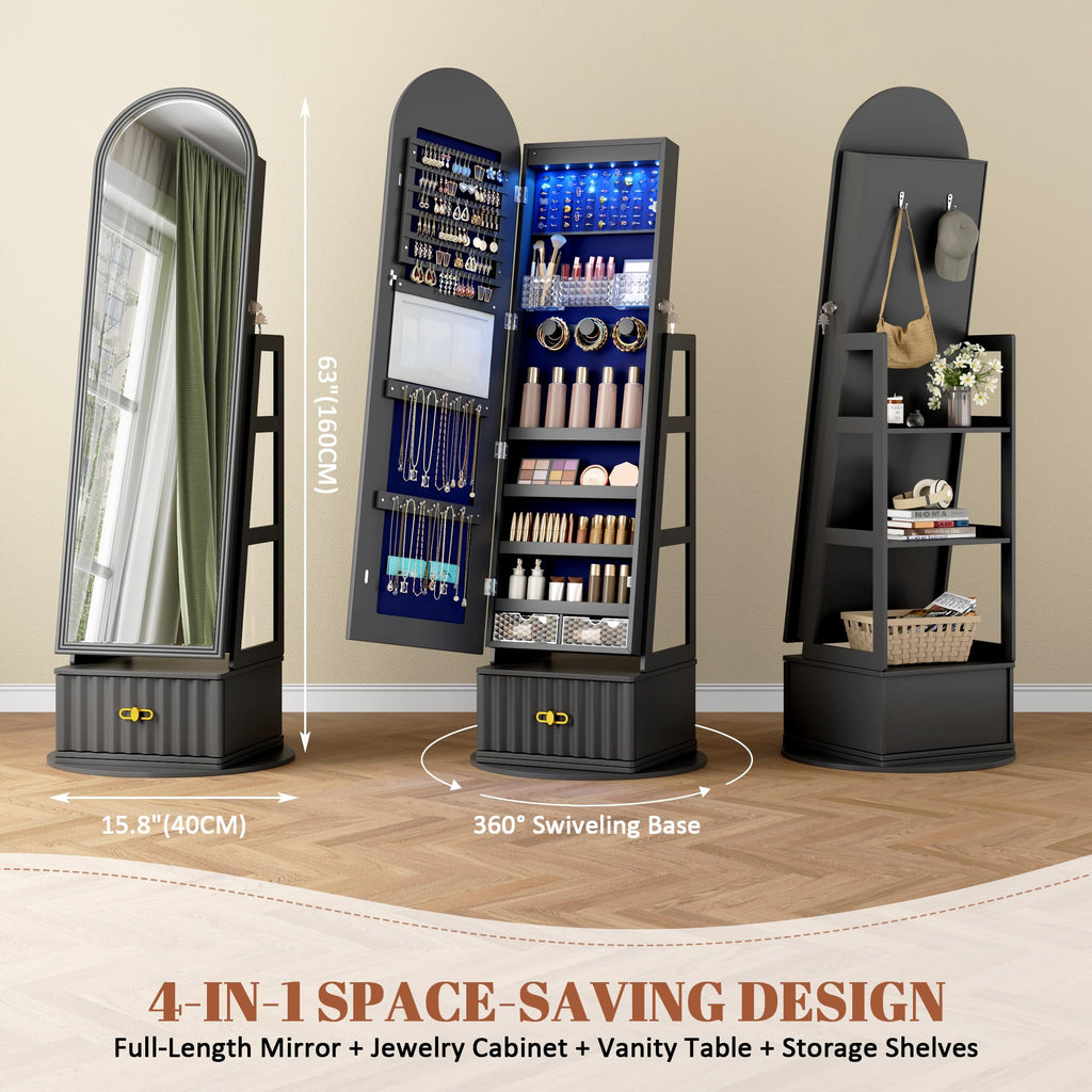 Arched LED Mirror Jewelry Cabinet, Standing Jewelry Armoire, Black