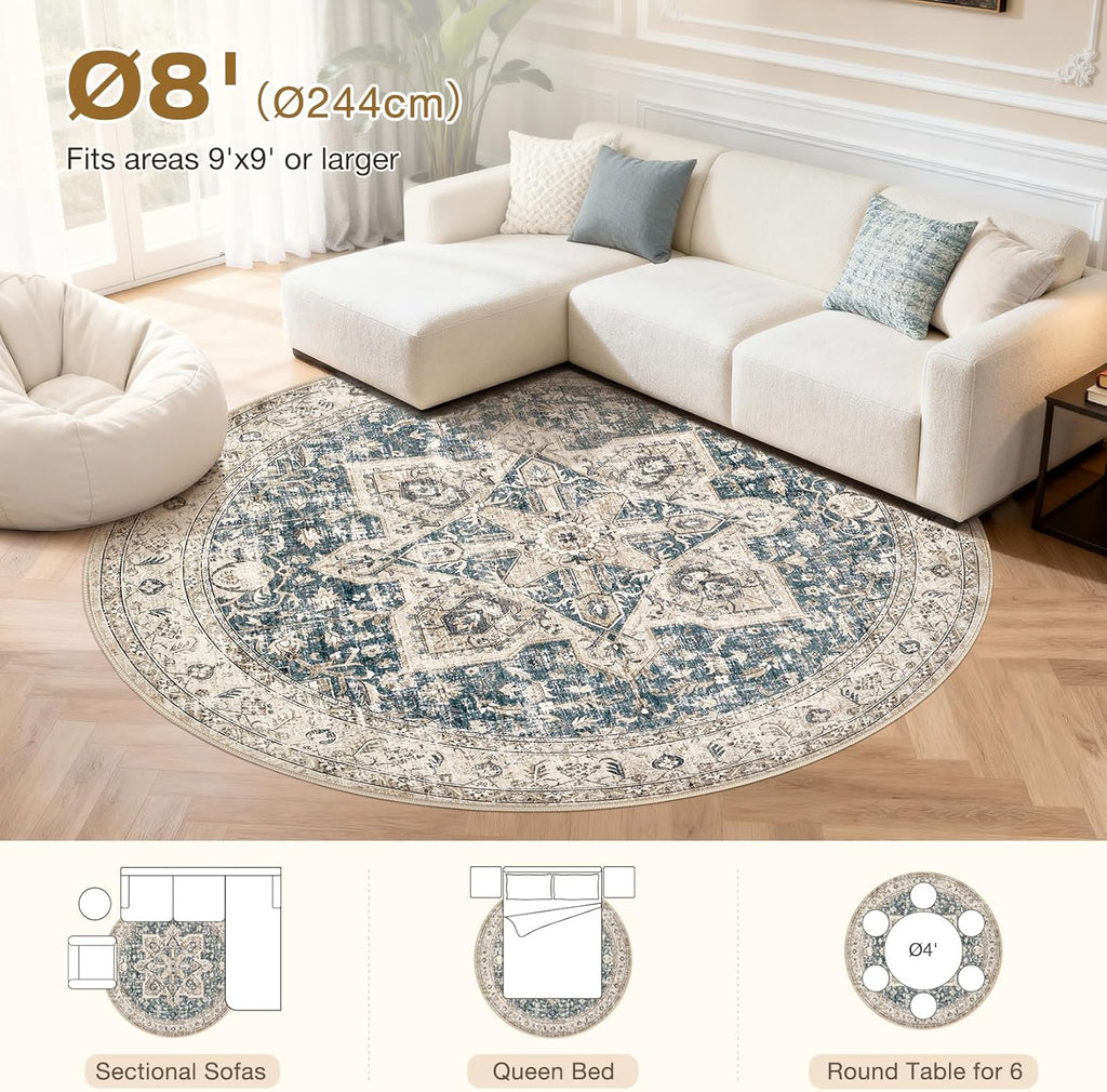8' Round Area Rug Living Room Rugs - Washable Boho Rug Vintage Oriental Distressed Farmhouse Large T