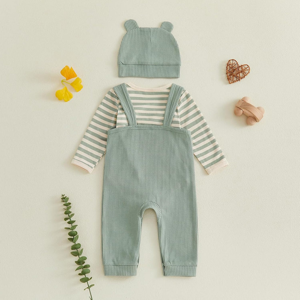 Baby Boy Clothes Infant 3pcs Outfit Set Long Sleeve Striped Romper Bear Embroidery Overall Suspender Pants Hat Sets