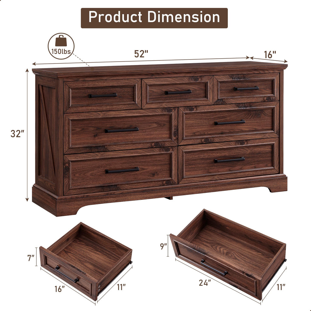 7 Drawer Dresser, 52" Wide Farmhouse Chest, Brown