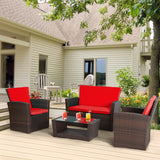 4 Piece Patio Furniture Sets, Wicker Conversation Set 4 All-Weather Outdoor Sectional Patio Sofa for Porch Deck with Red Cushion Brown Rattan Sofa Chair A106-B0DBPS1W4P