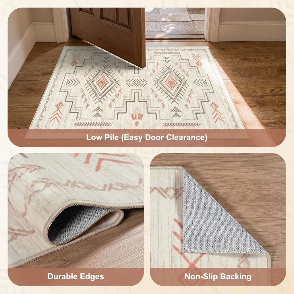 Washable Area Rug, Beige Western Aztec Tribal Moroccan Area Rug, Boys Neutral Rug, Soft Non-Slip Non-Shedding