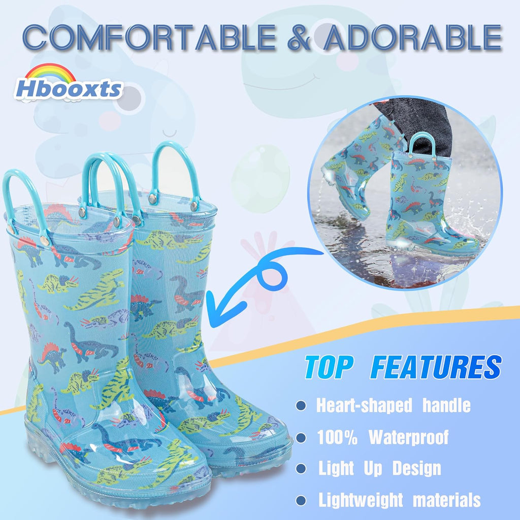 Toddler Rain Boots Waterproof Rubber Kids Rain Boots for Girls and Boys with Fun Patterns and Easy-On Handles