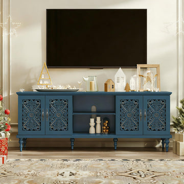 67" Retro TV Stand with Hollow Carved Doors, Blue