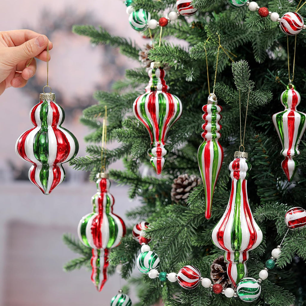 6.3 in Red and Green Mercury Glass Finial Christmas Ornaments - Set of 6