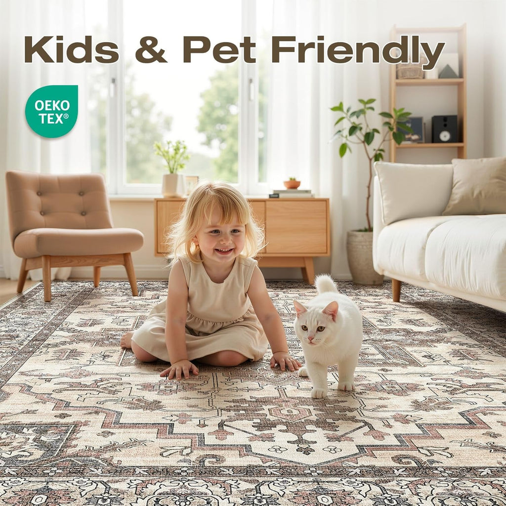 10x14 Area Rugs Living Room: Washable Vintage Rug Large Non-Slip Stain Resistant Ultra Soft Low Pile