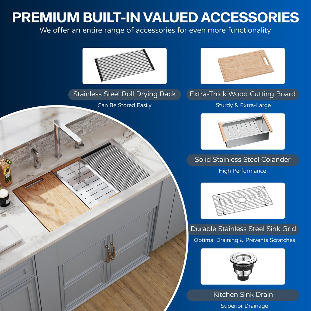 33 White Undermount Workstation, Topmount & Undermount 33x19 inch White Porcelain Ceramic Fireclay Sinks Dual Mount