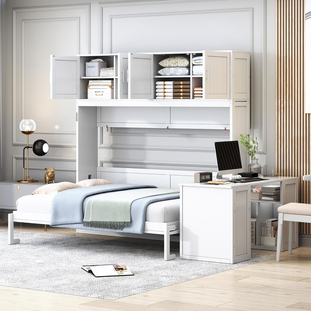Queen Murphy Bed, Wooden Queen Wall Bed Frame with Desk and Storage Shelves and Big Cabinets, White