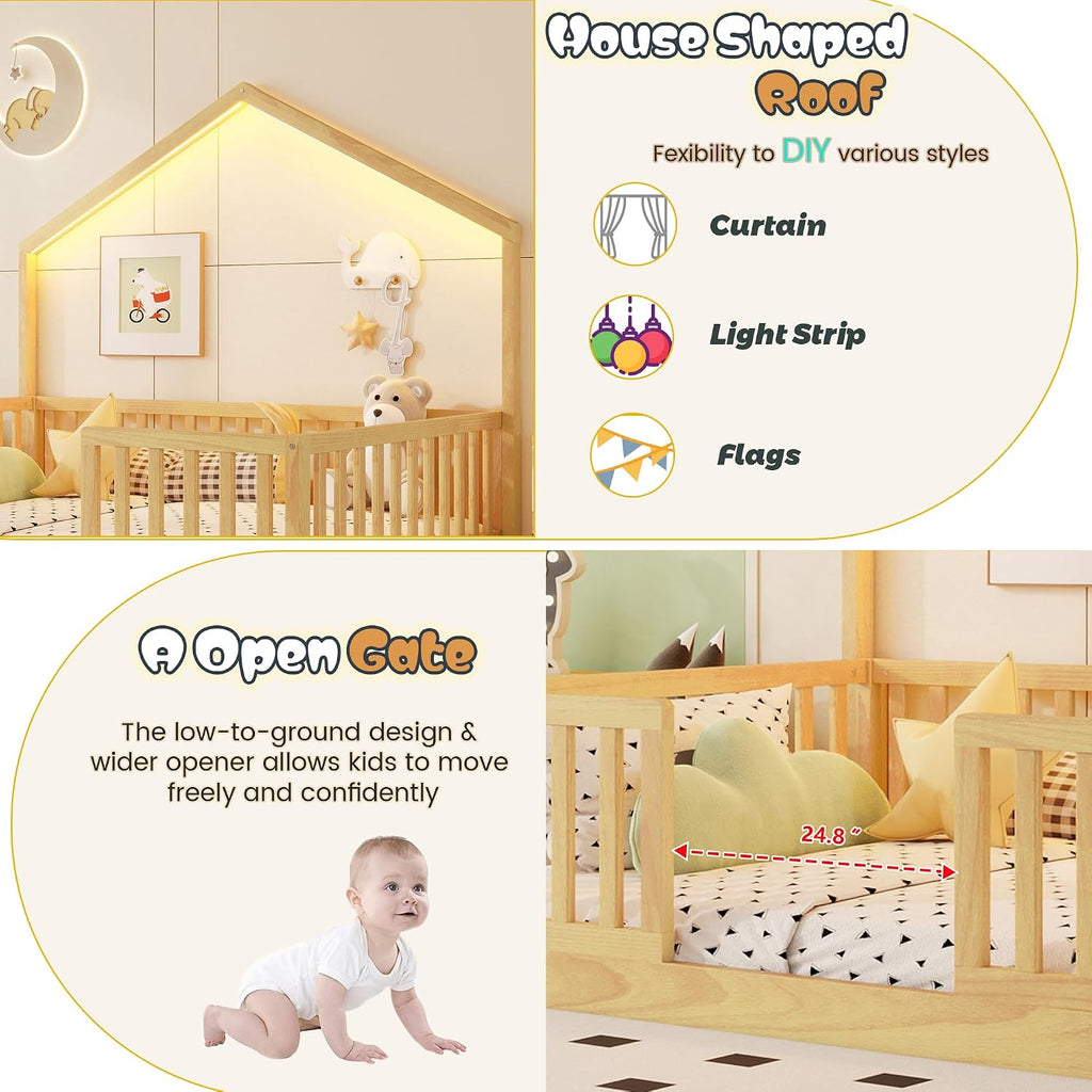 Montessori Floor Bed with High Rails, Wood House Beds Frame with LED Light, Low Profile Montessori Bed